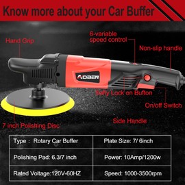 AOBEN Rotary Buffer Polisher,1200W 6-inch/ 7-inch Car Buffer,Car Polisher Waxer Kit with 6 Variable Speed 1000-3500RPM & 4 Polishing Pads,Detachable Handle for Boat,Car Polishing and Waxing