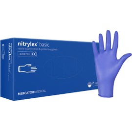 Nitrylex Basic Disposable Nitrile Gloves, Protective Examination Gloves, Powder-Free, Non-Sterile, Blue, Size S (6-7), Ambidextrous, Textured Fingertip, Dispenser Box of 100
