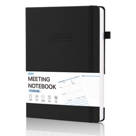 WEMATE Hardcover Meeting Notebook, B5 Work Planner Notebook With Action Items, Easily Take Meeting Notes & Keep Agendas on Track, Calender, Index Page, Inner Pocket, 7×10 Inch, Black