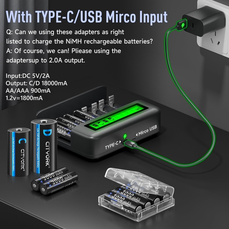 CITYORK 4 Pack Rechargeable C Batteries 5000mAh with Charger for