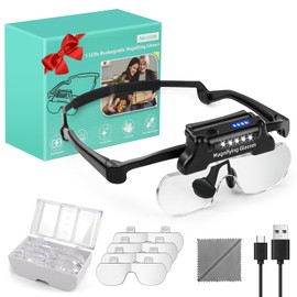 Magnifying Glasses with Lights,Rechargeable Hands Free Headband Magnifying Glasses for Close Work with 5 LEDs, 5X 3.5X 2.5X 1.5X Professional Jeweler's Loupe Lighted Magnifier for Handmade DIY Black
