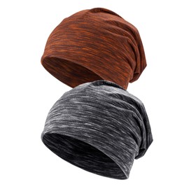 Kiiwah 2 Pcs Unisex Striped Slouchy Beanie Hat, Winter Jersey Skull Cap Fashion Baggy Hat for Men & Women Black, Brown