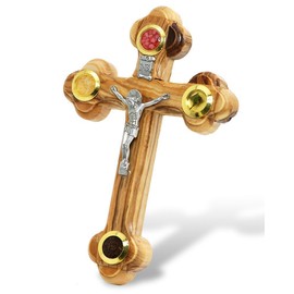 Jerusalem Imports Wall Cross Crucifix Orthodox 14 Station 4 Lens Olive Wood Essences (9")