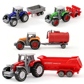 LTFIOON Set di 4 Trattori Giocattolo con Rimorchio, Trattori Miniaturizzati per Bambini da 3 Anni – Modelli Colorati con Rimorchio Amovibile, Regalo Compleanno per Bambini e Bambine