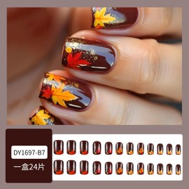 Press on Nails Short Square Fake Nails with Maple Designs Fall False Nails Stick on Nails for Women 24 Pcs (Yellow-04, Short-04)
