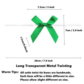 GUIFIER 50 Pack Green Pretied Bows, 3" Satin Ribbon Twist Tie Bows for Treat Bags, Pre Tied Ribbon Bows Twist Tie for Crafts, Twist Bows Tied Bows with Wire for Gift Bags, Popcorn Bags, Candy Bags