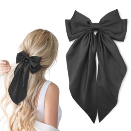 Large Hair Bows Silky Satin Hair Bow with Long Tail Hair Ribbons Bows Hair Clips Vintage Hair Accessories for Women (Black,1Pcs)