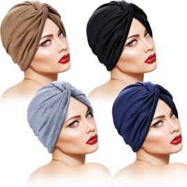 SATINIOR 4 Pieces Turbans for Women Soft Pre Tied Knot Fashion Pleated Turban Cap Beanie Headwrap Sleep Hat, 4 Colors