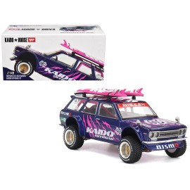 DCD Datsun Kaido 510 Wagon 4x4 RHD Purple Diecast Toy with Pink Graphics Surfboards Roof #90 'Kaido Offroad V2' Right Hand Drive