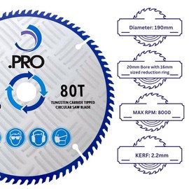 .PRO Circular Wood Saw Blade 190mm x 80Teeth x20mm Bore (16mm reduction ring) Compatible with Makita, Dewalt, Bosch, Milwaukee, Evolution