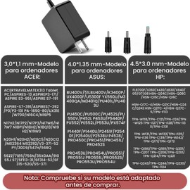 EDECOR 65W Cargadores y Adaptadores para Portátil ASUS/HP/Acer, Adaptador de Alimentación para Portátil ASUS con 3 Convertidores, para Zenbook, Vivobook, ADOL y Stras Series
