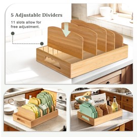 Becko US Bamboo Lid Organizers Inside Cabinet With 5 Adjustable Dividers, Large Lid Organizer for Plastic Lids, Kitchen Cabinet Organizer for Food Storage Container Lids, Bamboo Drawer Caddy