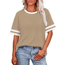 WIHOLL Plus Size Tops for Women Summer T Shirts Crew Neck Color Block Short Sleeve Tee Plain Clothes Khaki 3XL