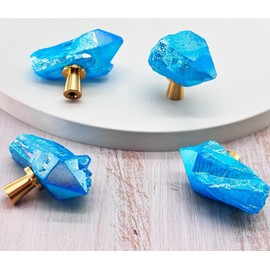 FZBHRO Natural Crystal Stone Cabinet Knobs Decorative Drawer Knobs Handles Gemstone Cupboard Pulls for Home Office Decor Coated Blue 4 Pack