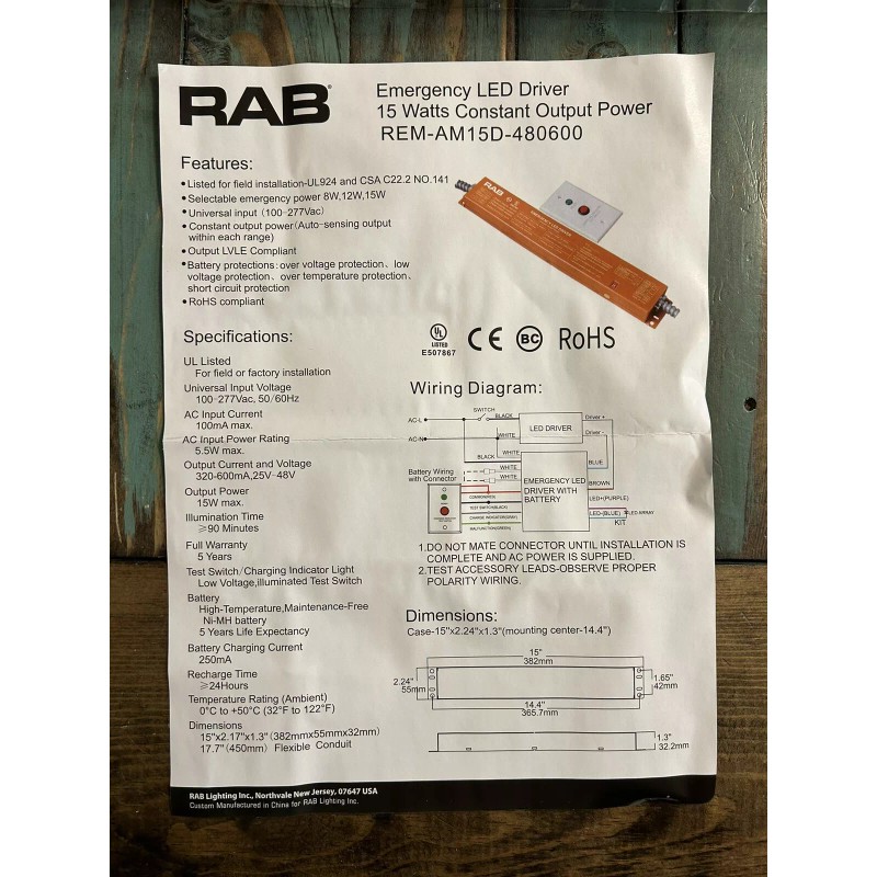 RAB EMERGENCY LED DRIVER 100-277VAC REM-AM15D-480600