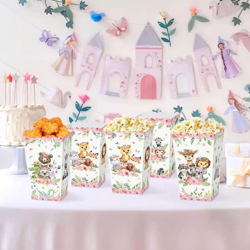 JeVenis 12 PCS Pink Jungle Animal Popcorn Boxes Treat Bags