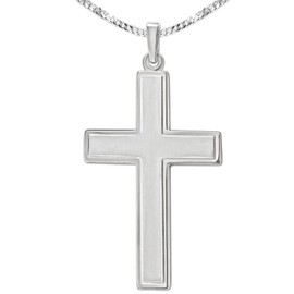 CLEVER SCHMUCK Set Silver Large Men's Cross 32 mm Inside Satin Matt Raised Shiny Edge and Curb Chain 60 cm Shiny Sterling Silver 925 in Case, Sterling Silver, No Gemstone