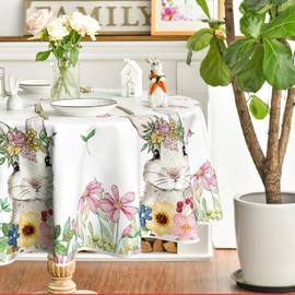 Artoid Mode Flowers Leaves Rabbit Butterflies Easter Table Cloth, Round 140 cm Decorative Table Cover Protector For Home Table Decorations
