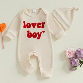 Lesimsam Newborn Infant Baby Boy Valentines Outfit Letter Embroidery Long Sleeve Waffle Knit Romper Jumpsuit with Hat(Apricot, 3-6 Months)