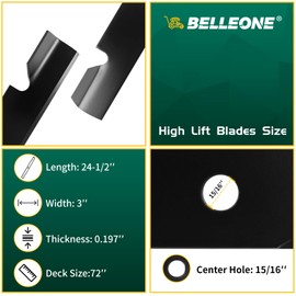 Belleone 103-6404-S 103-6404 Blades Compatible with Ex Mark 72 inch Mower, High Lift Blades Fits for Ex Mark Lazer Z AC AS LC XP XS E S X Series, 3 Pack