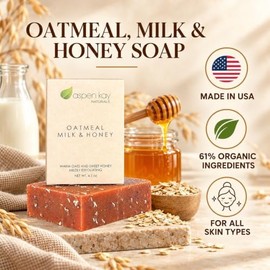 Aspen Kay Naturals- Barra de jabón de avena hecha a mano para rostro y cuerpo elaborada con miel cruda orgánica, leche de cabra y manteca de karité