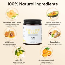 Beef Tallow for Skin, Tallow and Honey Balm, 5 Oz,Tallow Face Moisturizer, Organic Grass Fed Beef Tallow for Face - Sensitive Dry Skin Repair, Deeply Nourishing, Fragrance Free