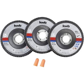 kwb 3 x Sanding Discs 115 mm in Storage Box with Earplugs Grain Sizes K-40, K-60, K-80 for Angle Grinders ABM. 115 x 22.23