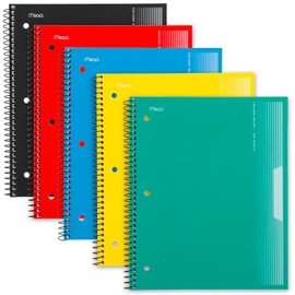 Mead Spiral Notebooks, Pack of 5, 1-Subject, College Ruled Paper, Plastic Cover, 8-1/2" x 11", 100 Sheets, Black, Yellow, Red, Blue and Green (820299)
