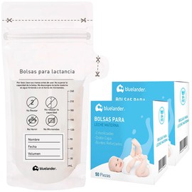 Bluelander 100 Bolsas para Leche Materna, Bolsas para Recoletar Leche Materna, Capacidad de Cada Bolsa 240 ml, Registro de tu Banco de Leche, Bolsas de Leche Materna Deshechables y Esterilizadas (100 Piezas)