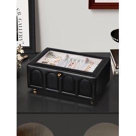 CASEGRACE Jewelry Box for Women, 2 Layer Double Drawer Jewelry Organizer Glass Lid, Large Jewelry Display Case for Necklace Bracelet Earrings Rings Storage for Dresser, Black