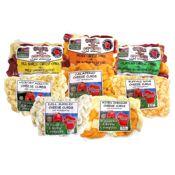 Wisconsin - Deluxe Cheese Curd Sampler - Mixed, Garlic Dill, Jalapeno, Buffalo Wing and Hickory Hollow (Smoked) Cheese Curds, Mixed n Sticks, Garlic Dill n Sticks, Jalapeno N Jalapeno Cheddar Sticks