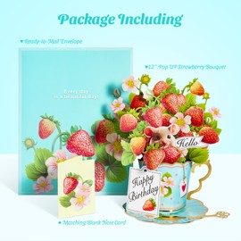 Airpark Anniversary Cards, Paper Pop Up Cards, Strawberry Flower Bouquet Greeting Card with Blank Note Card & Envelope, Perfect Gifts for Wife Husband Her Him Couples