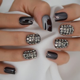 iMABC Mirror Punk Rock Style False Nails Short 24pcs Set Metallic Chrome Fake Artificial Nails With Rhinestone Dark Rivet 3D Press On Nails Tips Kit
