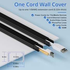 ZhiYo Cord Hider Wall for One Cord 136in, ZhiYo Cord Covers for Wires on Wall, Easy Install Cable Cover Wall, Black Cable Raceway Hide Cords, Cable Hider Cord Management Wall, 8X L17in, W0.6in H0.4in