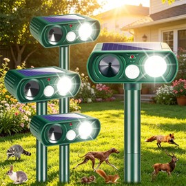 2026 Sonic Fortress Pro Deer Repellent Devices, 4 Pcs Solar Squirrel Rabbit Racoon Repellent Ultrasonic Outdoor Cat Deterrent with Strobe Light, IP65 Waterproof Garden Repellent for Animals Repeller