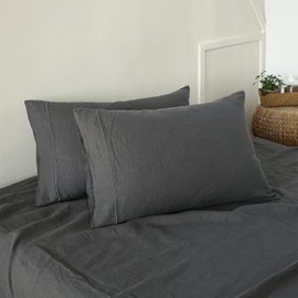 Simple&Opulence 100% French Linen Pillowcase Queen Size-Set of 2- Washed Solid Color Pillow Cases Embroidered -Soft and Durable (Dark Grey, 20''x30'')