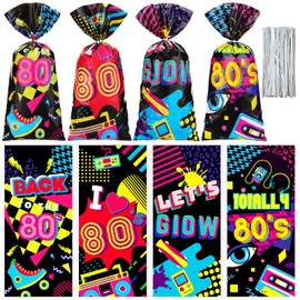 100 Pcs 1980s Party Cellophane Bags 80s Gift Treat Bag Goodie Candy Bags with 150 Ties Back to the 80s Bags I Love the 80s Retro Themed Bag for Hip Hop Throwback Birthday Party Decorations Supplies