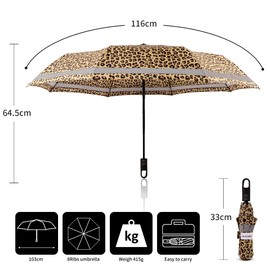 Quick Safety® Hiking Trekking Umbrella Pocket Umbrella Men Women Umbrella Open-Close Automatic Storm Resistant Reflective Carabiner Hook Handle Design, Leopard Gold