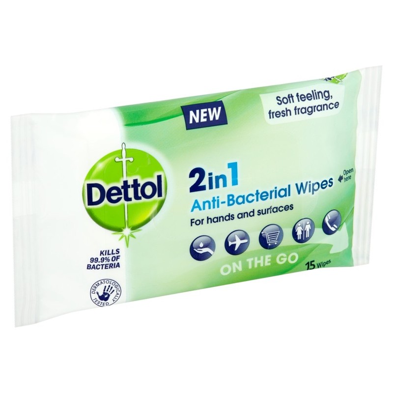 Dettol 2-In-1 Antibacterial Wipes, 15 wipes