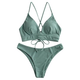 ZAFUL Two Piece Bikini Set, Sunflower Pattern Women Print Push-Up Padded Bra Beach Bikini Set Triangle Swimming Trunks, 1-Turtle Green