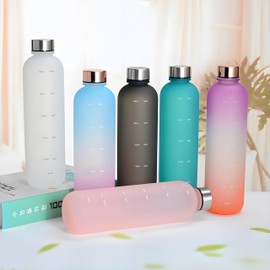 MYEEDA Water Bottle with Time Marker Labels, 4.2 Cups (1L), Direct Sipping, Plastic, For Girls & Boys, Stainless Steel Screw Top, Healthier Life Support, Sports Drinks, Frosty Blue & Orange Gradient