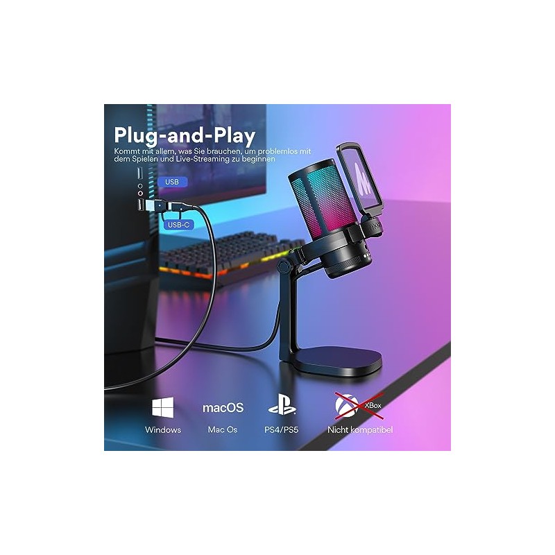 MAONO - Micrófono USB para PC, micrófono RGB para juegos