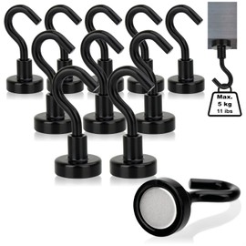 com-four® 10 x Neodymium Magnetic Hooks 5 kg - Strong Workshop Magnet with Hook 38 x 15 mm - for Kitchen, Bathroom, Garage or Office - Clothes Hook with Neodymium Magnet