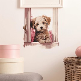 Cute Window Puppy Watercolor Wall Stickers, sacinora Cartoon Dog Fake Window Pink Flower Wall Decals Removable Vinyl Peel and Stick for Kids Baby Nursery Living Room Bedroom Door Art Decorations