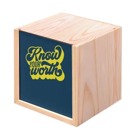 Holzkiste – Know Your Worth Typografie Botschaft "Bien Be Self Care Love Health" (10 x 10 x 10 cm)