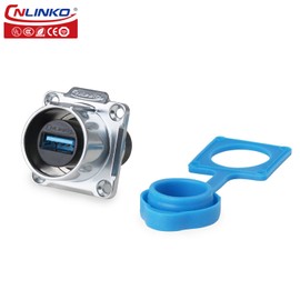 CNLINKO LP-24 USB3.0 Industrial Waterproof Plug, 4-Hole Recessed Socket with Seal Cover, IP68 Protective Flange Socket (USB Female)