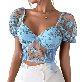Women's Mesh Embroidered Butterfly Corset Crop Tops Sheer Puffy Sleeve Bustier Top Going Out Tops