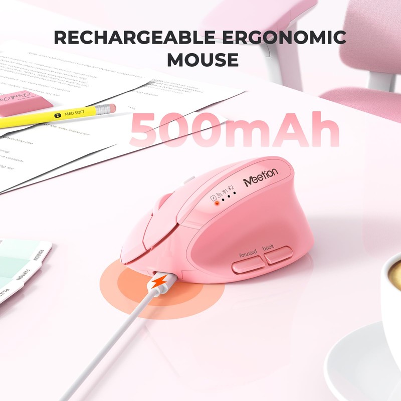 Ergonomic Vertical Mouse, Wireless Bluetooth Mouse - Pink