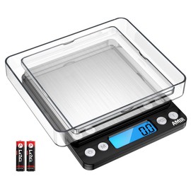 AMIR Bascula Cocina Digital, (3kg, 0.1g) Bascula Comida Multifuncional con 2 Bandejas, Pantalla LCD Retroiluminada, Función De Tara y PCS, Acero Inoxidable (Negro)