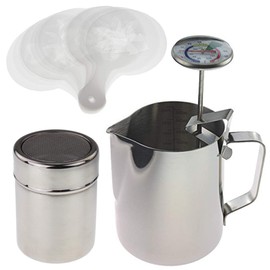 Barista Kit incluye termómetro de leche, jarra de 600 ml, coctelera de cacao y 16 plantillas – Ideal para café latte, capuchino, mocha